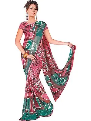 Hot-Pink Printed Sari with Mokaish Work