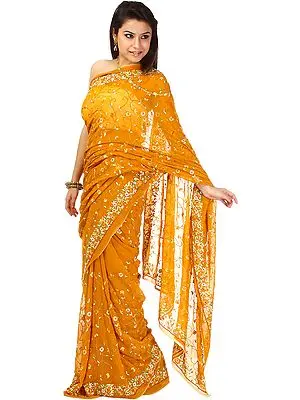Butterscotch Sari with Aari Embroidered Flowers All-Over