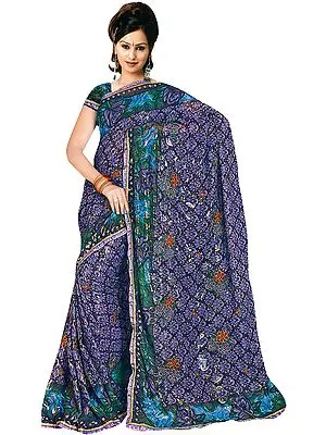 Violet Printed Sari with Embroidered Flowers and Shimmering Paisleys
