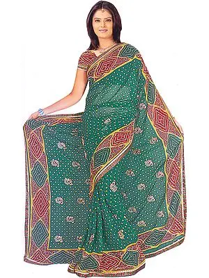 Green Bandhani Printed Sari with Aari Embroidered Paisleys and Gota Border