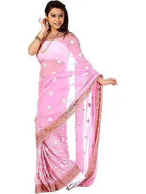 Pink Sari with Parsi Embroidered Flowers All-Over