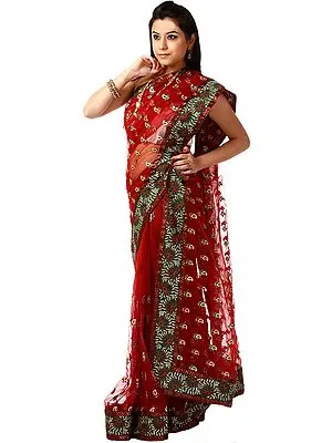 Bridal Red Shimmer Sari with Patch Border and Aari Embroidered Paisleys