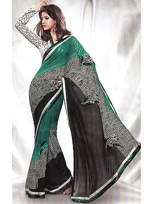 Green and Black Printed Designer Sari with Patch Border