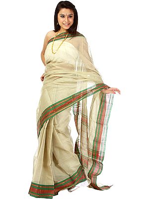 Tea-Green Handwoven Narayanpet Sari with Golden Weave on Border