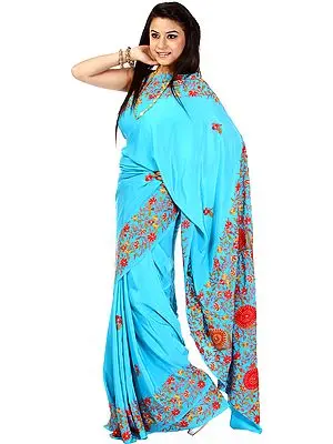Robin-Egg Turquoise Floral Sari from Kashmir with Aari Embroidery