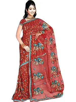 Red Printed Shimmering Sari with Crewel Embroidered Flowers