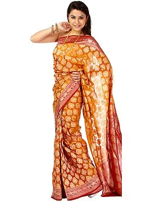 Golden-Oak Jamdani Sari from Banaras with Hand-Woven Bootis and Brocaded Border and Pallu