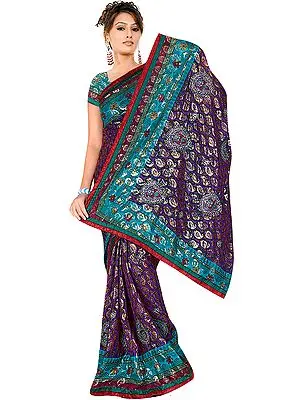 Green Printed Shimmering Sari with Crewel Embroidered Bootis