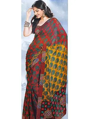 Red Floral Printed Sari with Embroidered Flowers