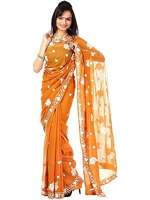 Brown Sari with Aari Embroidered Flowers All-Over