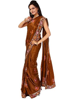 Brown Aari-Embroidered Sari with Self Weave and Sequins
