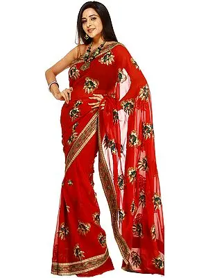 Rust Sari with Large Aari Embroidered Flowers