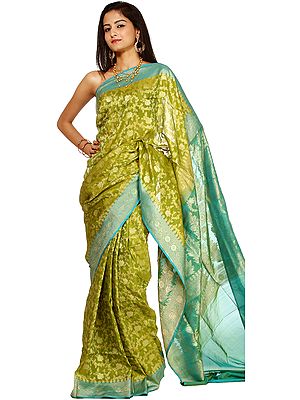 Lime-Green Jamdani Sari from Banaras with All-Over Brocaded Floral Weave