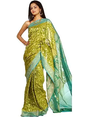 Lime-Green Jamdani Sari from Banaras with All-Over Brocaded Floral Weave