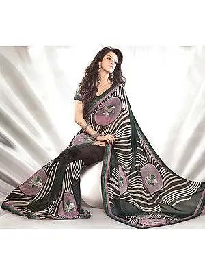 Mauve and Black Printed Designer Sari with Patch Border and Floral Embroidery