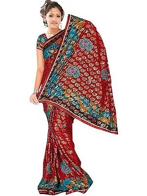 Red Printed Shimmering Sari with Crewel Embroidered Flowers