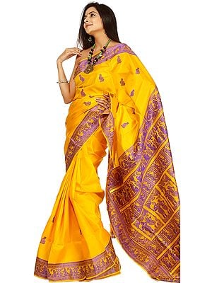 Freesia-Yellow Baluchari Sari Depicting Mythological Episodes