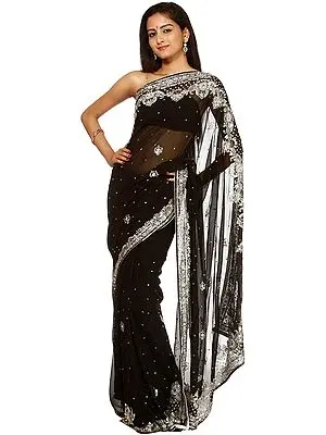 Starry-Nights Wedding Sari with Embroidered Sequins and Threadwork