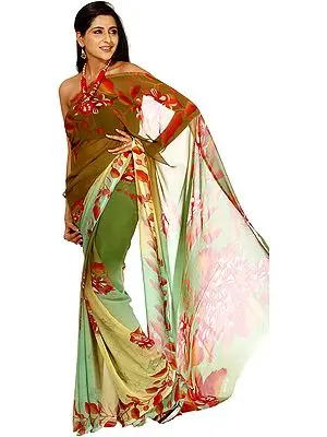 Green Floral Printed Suryani Sari