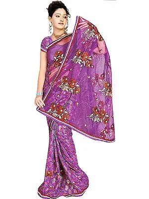 Purple Printed Sari with Crewel Embroidered Flowers and Net Pallu