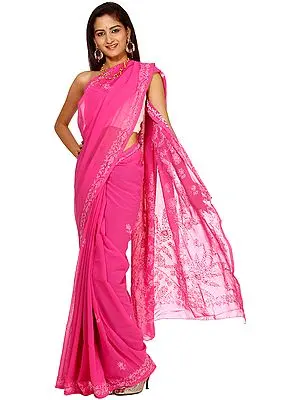 Carmine-Rose Lukhnavi Chikan Embroidered Sari with Sequins