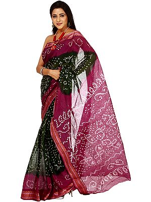 Green and Purple Shaded Bandhani Sari from Gujarat