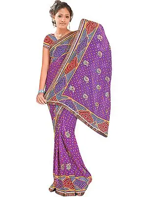 Purple Bandhani Printed Sari with Aari Embroidered Paisleys and Gota Border