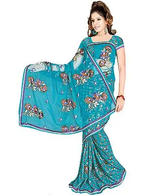 Sea-Green Printed Sari with Crewel Embroidered Flowers and Net Pallu