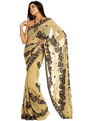 Beige Sari with Black Sequins Embroidered as Flowers