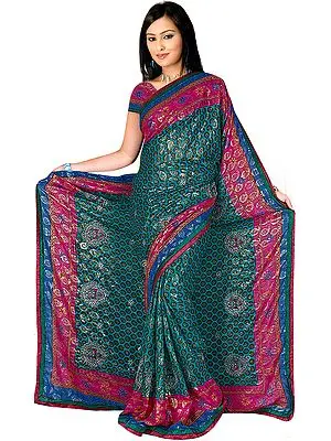 Green Printed Sari with Embroidered Flowers and Shimmering Bootis