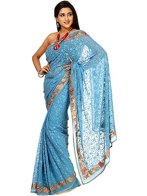 Milky-Blue Sari with Parsi Embroidered Flowers All-Over