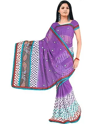 White and Amethyst Printed Sari with Aari Embroidered Bootis and Sequins