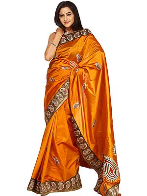 Golden-Oak Banarasi Sari with Hand Embroidered Paisleys