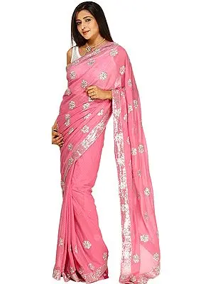 Morning Glory-Pink Mokaish Sari with Crewel Embroidered Flowers