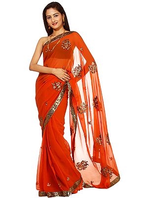Burnt-Orange Sari with Embroidered Paisleys and Patch Border