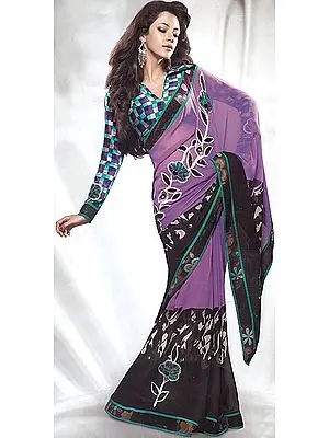Purple and Black Printed Designer Sari with Patch Border and Floral Embroidery