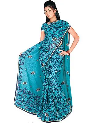 Green Printed Sari with Embroidered Paisleys and Sequins