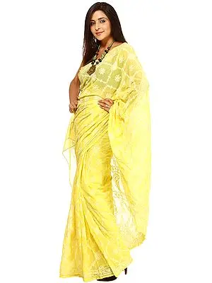 Blazing -Yellow Lukhnavi Chikan Embroidered Sari with Sequins