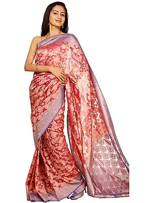 Pink and Lavender Jamdani Banarasi Sari with Hand-Woven Flowers All-Over