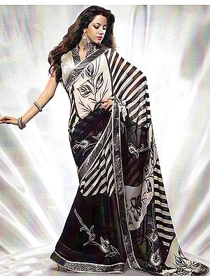 Black & White Printed Designer Sari with Patch Border and Embroidered Flowers