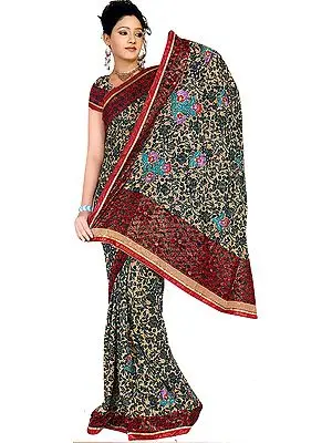 Beige and Black Printed Shimmering Sari with Crewel Embroidered Flowers