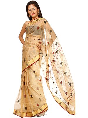 Beige Chanderi Sari with All-Over Wooven Bootis and Golden Border