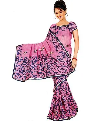 Confetti-Pink Printed Sari with Embroidered Paisleys and Sequins