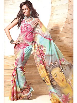 Designer Multi-Color Sari with Printed Flowers All-Over and Divine Lady on Aanchal