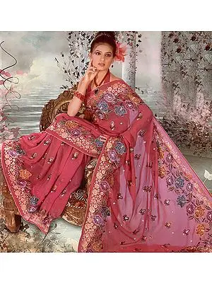 Rosewood-Color Wedding Sari with Aari Embroidered Flowers and Crystals