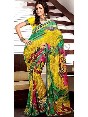 Yellow and Green Sari with Printed Flowers and Patch Border