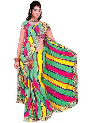 Tri-Color Sari with Sequins Embroidered as Flowers