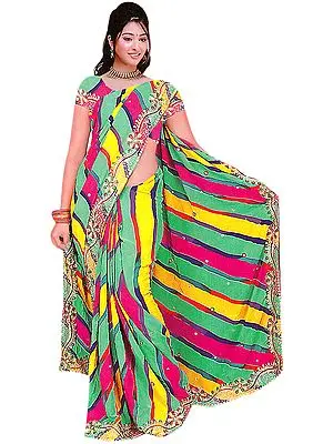 Tri-Color Sari with Sequins Embroidered as Flowers