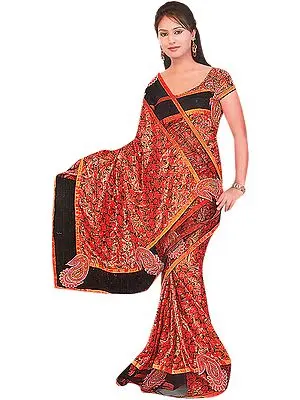 Orange and Black Shimmer Printed Sari with Velvet Applique Paisleys