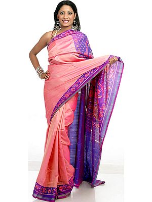 Salmon and Purple Patan Patola Sari from Gujarat